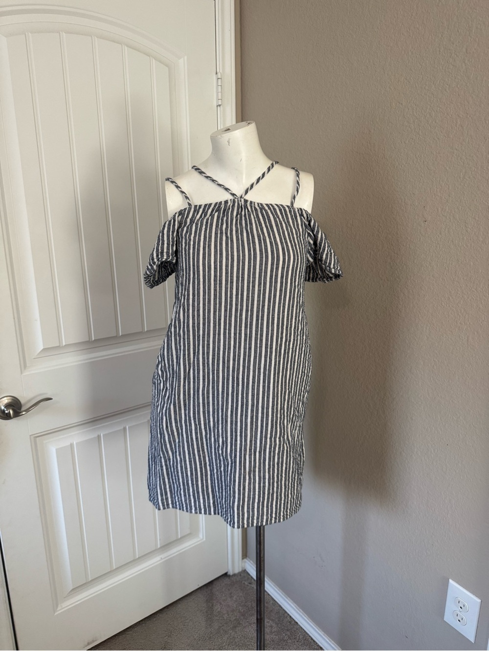 Lush Navy and White Striped Cold-Shoulder Sundress